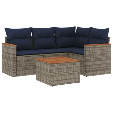 5-teiliges Gartensofa-Set mit Kissen, grau, Polyrattan vidaXL