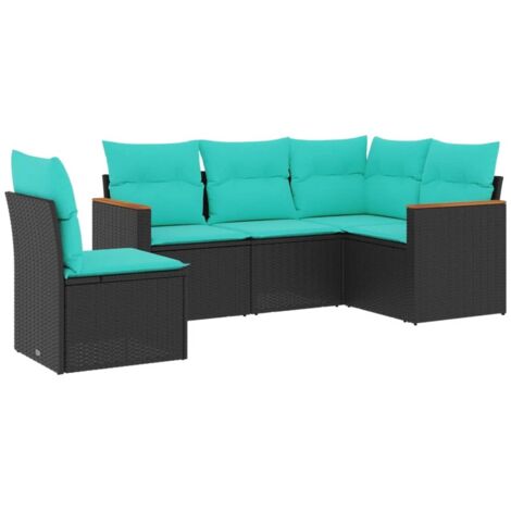 5-teiliges Gartensofa-Set mit Kissen, schwarzes Polyrattan vidaXL