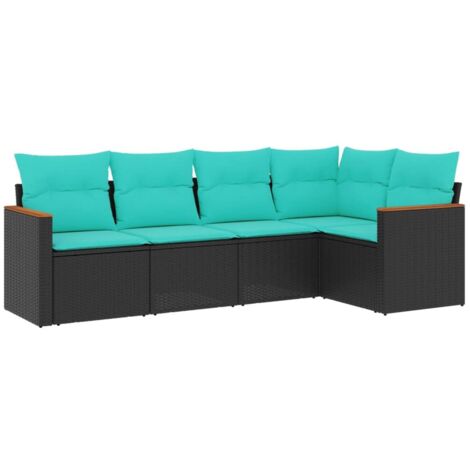5-teiliges Gartensofa-Set mit Kissen, schwarzes Polyrattan vidaXL