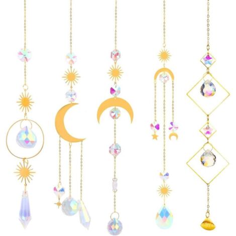 5-teiliges Kristall-Sonnenfänger-Set, Hängender Regenbogen-Engel-Anhänger, Sonne, Stern, Mond, Windspiel