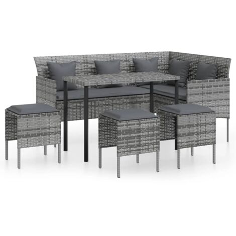 5-teiliges L-Sofa-Set mit Kissen aus grauem Geflecht