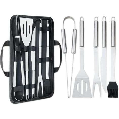 5-teiliges professionelles Grillbesteck-Set mit Aufbewahrungstasche – Verdicktes Edelstahl-Grillzubehör-Set – Pfannenwender, Gabel, Grillpinsel, Tafelmesser, Grillzange – Ideal zum Grillen