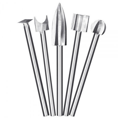 5-teiliges Set aus Holzgravurbohrer, Wurzelfräser und Entgratfräser.