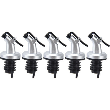 5-teiliges Set aus tropffreien Ölausgießern und sicheren Verschlüssen für Wein- und Essigflaschen, ideal für Küchen und Restaurants.