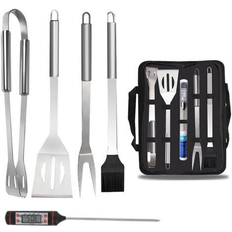5-teiliges Set mit Thermometer, Grillbesteck-Set, Tragetasche aus Edelstahl, Grillzubehör, Camping