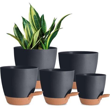 5-teiliges Set selbstbewässernder Kunststoff-Blumentöpfe mit Abflussloch, 7/6,5/6/5,5/5 Zoll, Schwarz