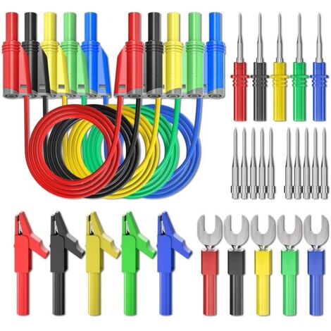 5-teiliges Silikon-Bananenstecker-Messleitungsset, 4 mm, vollisoliert, stapelbarer Bananenstecker mit Krokodilklemmen, Prüfgabel, rückseitige Messspitzen für Multimeter
