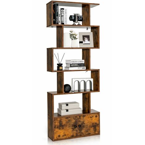 5-tier Bookcase Industrial S-Shaped Bookshelf Storage Display Rack with Cabinet