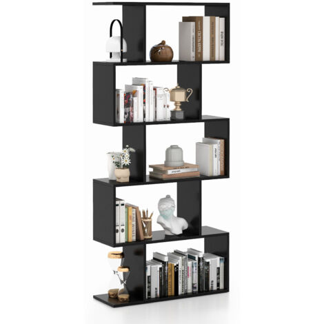 5-Tier Bookshelf Geometric S-Shaped Bookcase Modern Display Shelf-Black