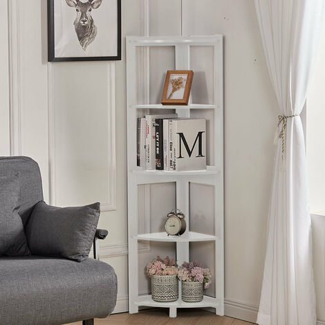 main image of "5-Tier Corner Shelf Rack Ladder Shaped Bookcase Plant Stand, White B"