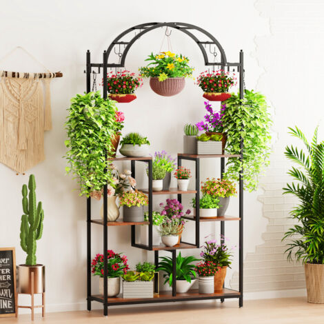 5-Tier Extra Large Tall Plant Stand Arched Metal Plant Shelf with Hanging Hooks