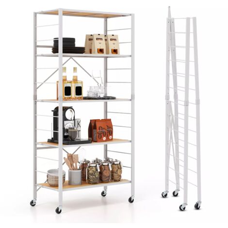 5-Tier Foldable Shelving Unit Storage Rack Metal Shelves with Detachable Wheels