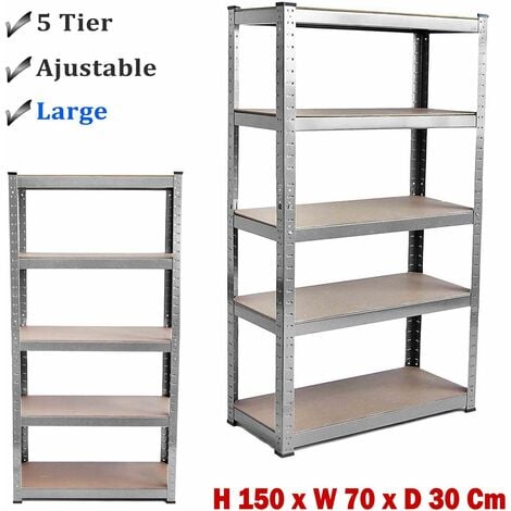 5 Tier Garage Shelves Shelving Shelf Unit Racking Boltless Heavy Duty Storage, 150cm High, 70cm Wide, 30cm Deep, Silver, 875 Kgs Capacity, 5 Year Warranty