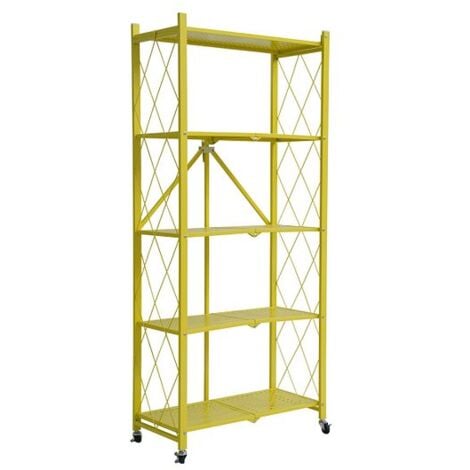 5 Tier Heavy Duty, Boltless, Metal Folding Shelf with Wheels. Bedroom, Office, Garage Storage Rack - Yellow