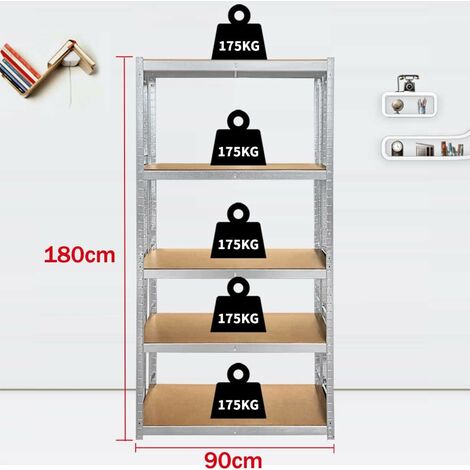 5 Tier Heavy Duty Metal Garage Shelving Units Galvanised Storage Racking Boltless Shelves, Ideal For Workshop, Shed, Office, Kitchen, Up to 875KG (180cm x 90cm x 40cm)