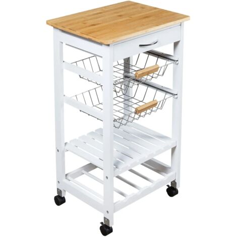 5 Tier Kitchen Trolley Mobile Rolling Island 1 Drawer, 2 Basket Shelf Wine Rack