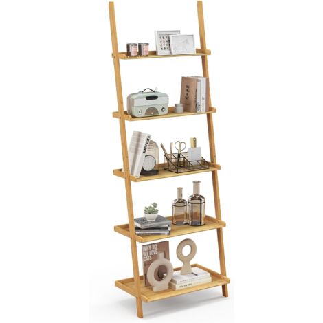 main image of "5-Tier Ladder Shelf Bamboo Bookshelf Wall-Leaning Storage Display Plant Stand"