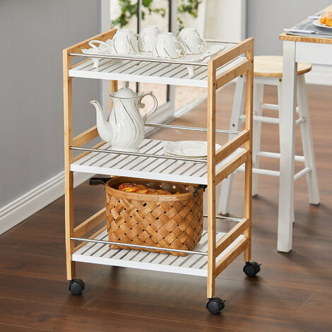 3 Tier Rolling Serving Trolley Bamboo Wood Kitchen Storage Cart
