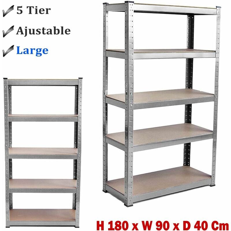 5 Tier Shelving Unit Heavy Duty Metal Shelves Storage Boltless Rack for Garage Shed, Stand-Alone Industrial Shelving Rack, 180cmx90cmx40cm, Silver