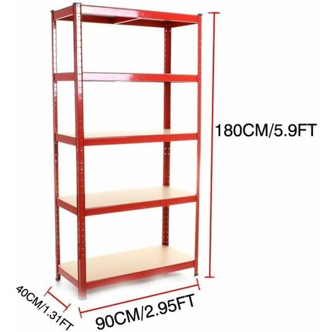 BRIEFNESS 5 Tier Shelving Unit Shed Garage Storage Freestanding Shelves System - 875Kg Capacity - 175Kg Per Shelf - Ideal Office, Garden, Studio, Workshop - 180 x 90 x 40cm - Red