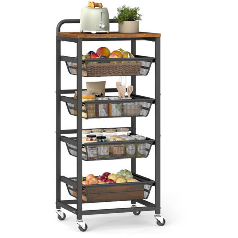 5-Tier Storage Trolley with Pull-Out Baskets, Rolling Kitchen Shelf with Handle, 31.7×40×95 cm