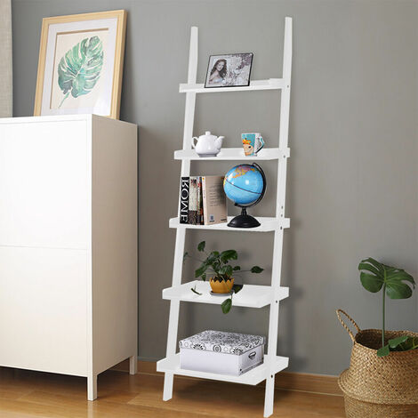 main image of "5 Tier Wooden Wall Rack Leaning Ladder Shelf Unit Bookcase Display MDF Storage"