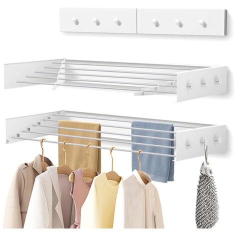 5 Tiges Sèche linge mural pliant gain de place, Porte-serviettes de piscine, porte-serviettes, Blanc 80 cm