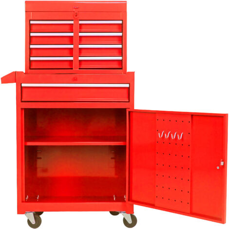 5 tiroirs. Boîtier amovible, avec des roulettes et des possibilités de rotation. Étagères supérieures qui peuvent être retirées ou ajustées à volonté. Boîtier pour outils de garage (couleur rouge/roug