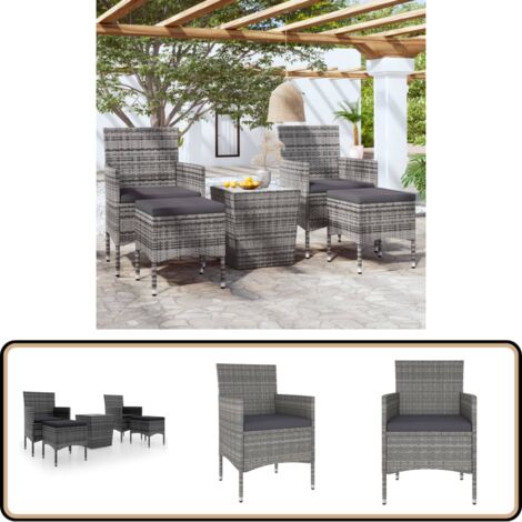 5-tlg. Garten-Bistro-Set Poly Rattan und Hartglas Grau - Gartensitzgruppe - Outdoor Esstisch - Gartenmöbel Set - Rattan Gartenmöbel - Graue Gartenmöbel