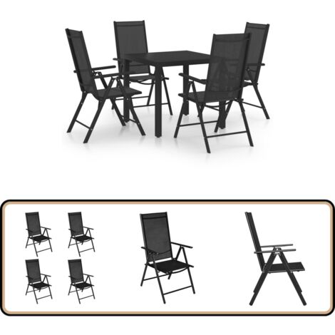 5-tlg. Garten-Essgruppe Aluminium Schwarz - Gartenstuhl - Esstisch - Gartenmöbel Set - Outdoor Furniture - Balkonmöbeln