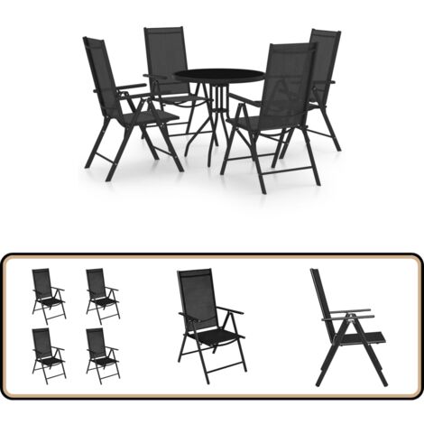 5-tlg. Garten-Essgruppe Aluminium und Textilene Schwarz - Gartensessel - Esstisch - Gartenmöbel Set - Outdoor Furniture - Alu Gartenmöbel