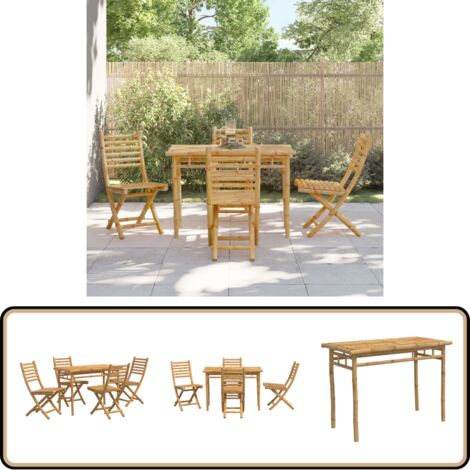 5-tlg. Garten-Essgruppe Bambus - Bambus Gartenset - Gartenmöbel Set - Esstisch - Gartenstühle - Outdoor Möbel