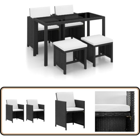 5-tlg. Garten-Essgruppe mit Auflagen Poly Rattan Schwarz - Gartengruppe - Esstisch - Gartenmöbelset - Rattan Möbel - Outdoor Küche