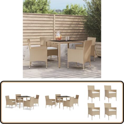 5-tlg. Garten-Essgruppe mit Kissen Beige Poly Rattan - Gartensessel - Gartentisch - Outdoor Möbel - Gartenmöbelset - Polyrattan