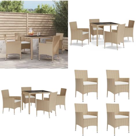 5-tlg. Garten-Essgruppe mit Kissen Beige Poly Rattan - Gartensessel - Gartentisch - Outdoor Möbel - Gartenmöbelset - Polyrattan - Home & Living
