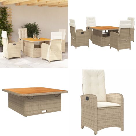 5-tlg. Garten-Essgruppe mit Kissen Beige Poly Rattan - Gartentisch - Sitzkissen