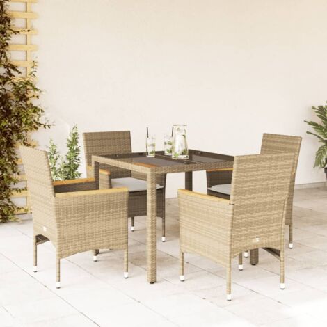 5-tlg. Garten-Essgruppe mit Kissen Beige Poly Rattan und Glas vidaXL