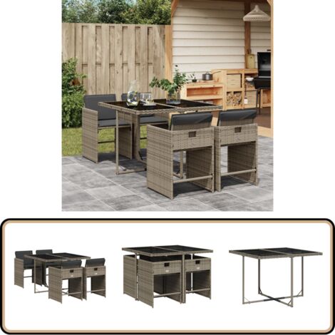 5-tlg. Garten-Essgruppe mit Kissen Grau Poly Rattan - Gartengestell - Gartenmöbel Set - Outdoor Möbel - Esstisch - Gartenstühle