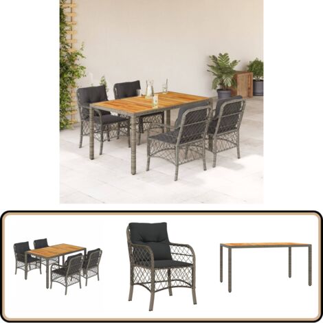 5-tlg. Garten-Essgruppe mit Kissen Grau Poly Rattan - Gartensessel - Gartenstuhl - Gartenmöbel - Esstisch - Esszimmerset
