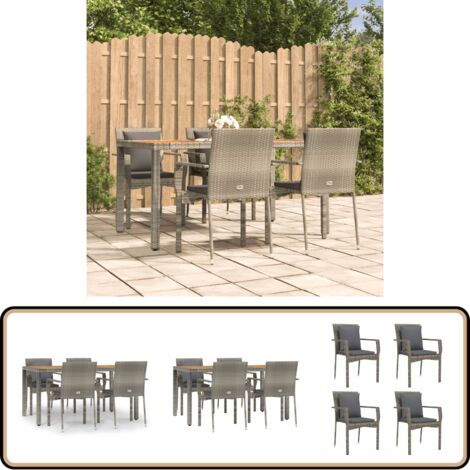5-tlg. Garten-Essgruppe mit Kissen Grau Poly Rattan - Gartensessel - Gartentisch - Gartenmöbel - Outdoor Möbel - Rattan Gartenmöbel