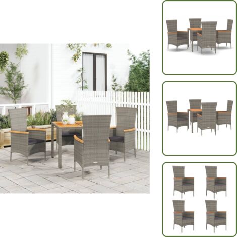 5-tlg. Garten-Essgruppe mit Kissen Grau Poly Rattan - Gartensessel - Gartentisch - Gartenmöbeln - Outdoor Möbel - Rattan Gartenmöbel