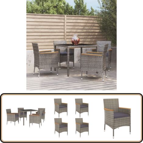 5-tlg. Garten-Essgruppe mit Kissen Grau Poly Rattan - Gartensessel - Gartentisch - Outdoor Möbel - Gartenmöbeln - Polyrattan