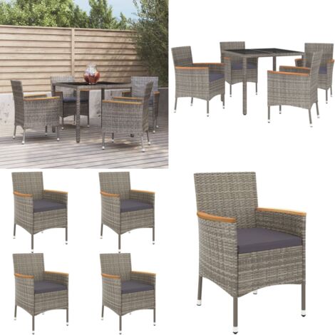 5-tlg. Garten-Essgruppe mit Kissen Grau Poly Rattan - Gartensessel - Gartentisch - Outdoor Möbel - Gartenmöbeln - Polyrattan - Home & Living
