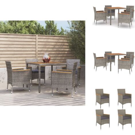 5-tlg. Garten-Essgruppe mit Kissen Grau Poly Rattan - Gartensessel - Gartentisch - Outdoor Möbel - Gartenmöbelset - PE-Rattan