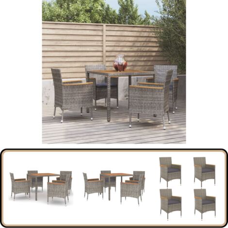 5-tlg. Garten-Essgruppe mit Kissen Grau Poly Rattan - Gartensessel - Gartentisch - Outdoor Möbel - Gartenmöbelset - PE-Rattan