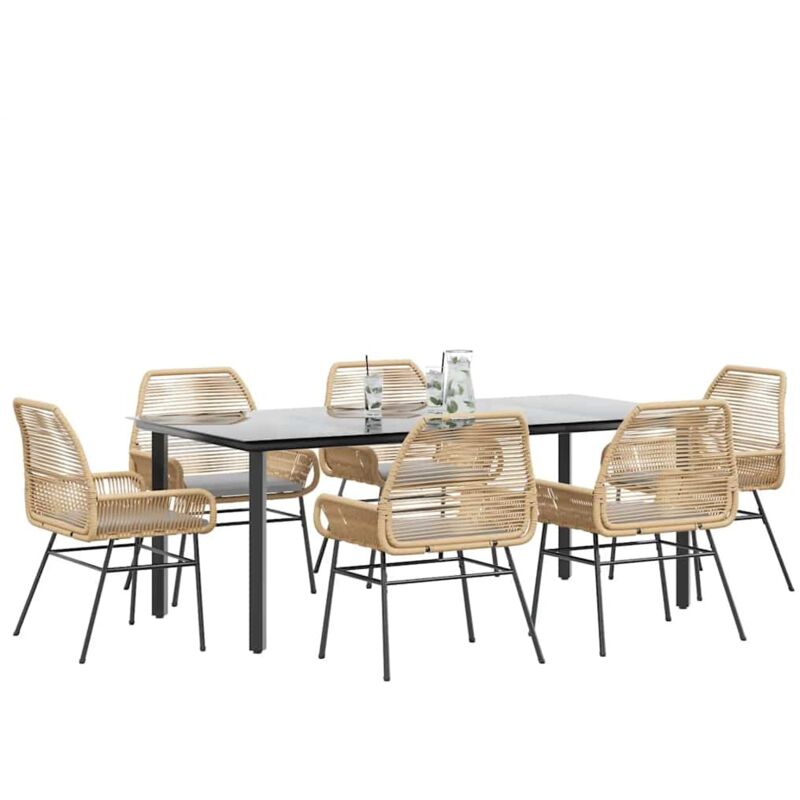 7-tlg. Garten-essgruppe Mit Kissen Braun Poly Rattan Glas Vidaxl