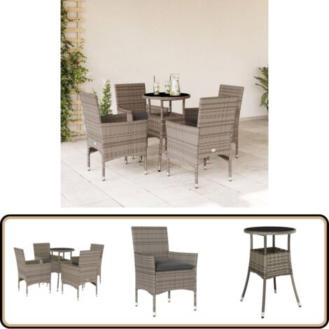 5-tlg. Garten-Essgruppe mit Kissen Grau Poly Rattan und Glas - Gartengruppe - Gartenmöbel - Esstisch - Gartenstühle - Outdoor Möbel