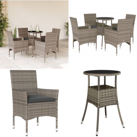 5-tlg. Garten-Essgruppe mit Kissen Grau Poly Rattan und Glas - Gartengruppe - Gartenmöbel - Esstisch - Gartenstühle - Outdoor Möbel - Home & Living