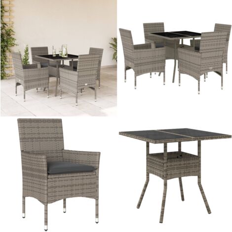 5-tlg. Garten-Essgruppe mit Kissen Grau Poly Rattan und Glas - Gartentisch - Gartenmöbel Set - Gartenlounge - Outdoor Möbel - Rattan Gartenmöbel - Home & Living