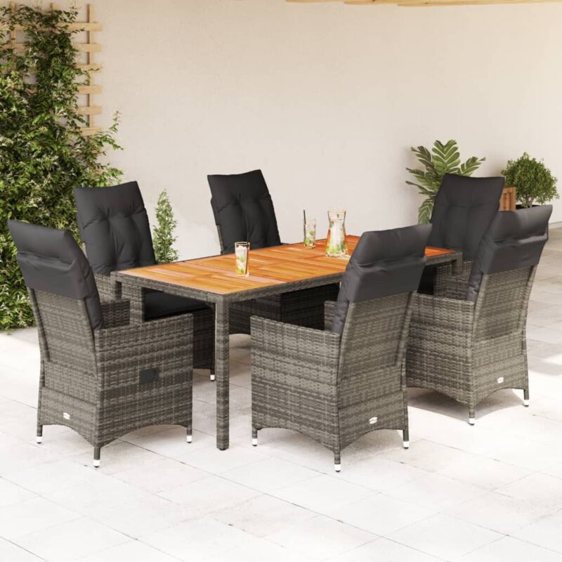7-tlg. Garten-essgruppe Mit Kissen Grau Poly Rattan Vidaxl